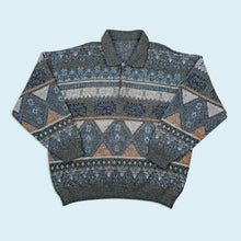 Lade das Bild in den Galerie-Viewer, Strickpullover "crazy pattern" 90er, blau/grau, XL/XXL
