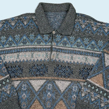 Lade das Bild in den Galerie-Viewer, Strickpullover "crazy pattern" 90er, blau/grau, XL/XXL