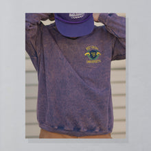 Lade das Bild in den Galerie-Viewer, BAC Sweatshirt &quot;West Virginia University&quot; 90er Made in the USA, lila acid wash, L/XL
