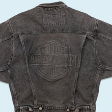 Lade das Bild in den Galerie-Viewer, Harley Davidson Jeansjacke 90er &quot;Lederpatch&quot;, schwarz faded/grau, M/L
