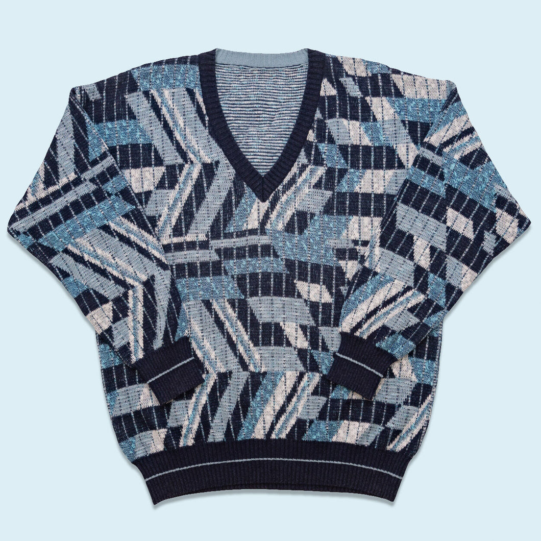 Strickpullover V-Neck 90er, blau, L