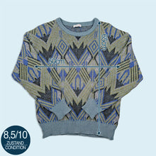 Lade das Bild in den Galerie-Viewer, Schiesser Strickpullover "crazy Pattern" 80er/90er, blau, M
