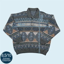 Lade das Bild in den Galerie-Viewer, Strickpullover "crazy pattern" 90er, blau/grau, XL/XXL
